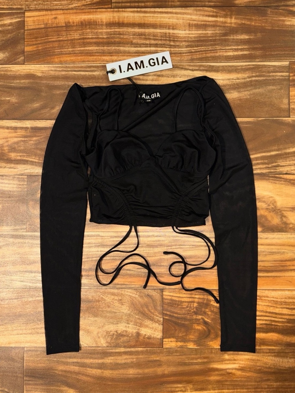 I.AM.GIA Black Long-Sleeve Ruched Tie-Front Crop Top